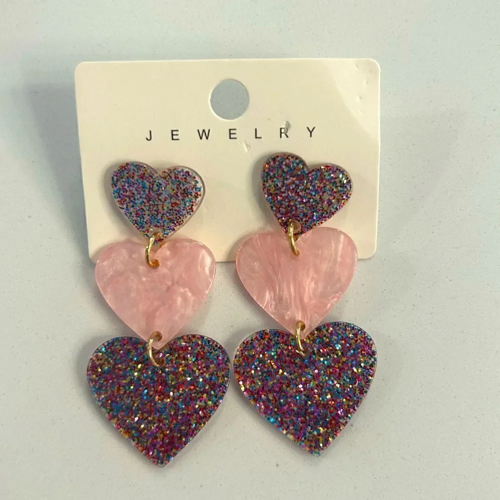 Pink sparkly heart drop earrings
